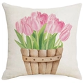 Kissenbezug aus Leinen mit rosa Tulpenblüten und Aquarell-Blumendesign auf Weiß - Tulpen-Blumenkorb-Stil (YMD294-2)