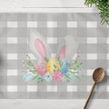 Oster-Tischset mit grauem Karo-Muster und Aquarell-Hasenohren mit bunten Ostereiern - Baumwolle-Leinen / Hasenohren Eier Muster (CD16-1)