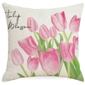 Rosa Tulpen Leinen Kissenbezug mit Aquarell Blumenmotiv für Frühlings Sofa Dekoration - Rosa Tulpenbüschel-Stil (YMD294-3)