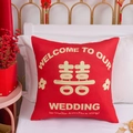 Chinese wedding throw pillow in vibrant red with gold double happiness pattern - 40x40 / Welcome To Our Wedding Style (CRS20-7) / Double Sided Print Without Core