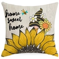 Linen sunflower and gnome decorative pillowcase with Home Sweet Home print on wood grain - Home Sweet Home Gnome Style (YDM293-1)