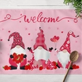 Set de table rose pour la Saint-Valentin avec nains mignons et motifs de cœurs - Coton et lin / Style Base Rose Trois Gnomes Welcome Love (CD15-23)