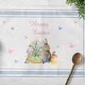 Wasserdichtes Tischset aus Baumwollleinen mit Osterhase und Blumen in blauem Rand - Baumwolle-Leinen / Hase Blumenkorb Muster (CD16-2)