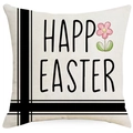 Oster-Kissenbezug aus Leinen mit schwarzem geometrischem Rahmen und Blumen-Aufdruck - Happy Easter Floral (YMD279-4)