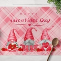 Set de table rose à carreaux pour la Saint-Valentin avec gnomes mignons et texte décoratif - Coton et lin / Style Gnome Rose Souhaits (CD15-26)