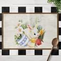 Oster-Tischset mit Aquarell-Hasen, Küken und Eiern auf weißem Holzhintergrund - Baumwoll-Leinen / Weiße Hase Küken Blumen Muster (CD16-5)