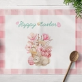 Oster-Platzset mit Aquarell-Hase und rosa Karomuster auf weißem Holztisch - Baumwoll-Leinen / Rosa Karo Gnom Hase Muster (CD16-6)