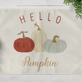Fall themed linen placemat with Hello Pumpkin print and three colorful pumpkins - Hello Pumpkin (CD12-29)