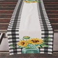 Chemin de table en lin avec tournesols et bordures à carreaux sur bois sombre - Style Vase Tournesol Bordure Carreaux (ZQ11-3)