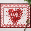 Set de table Saint-Valentin avec motif cœur et bordure à carreaux rouges sur bois - Coton et lin / Style Combo Cœurs Carreaux Love (CD15-12)