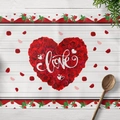 Set de table imperméable Saint-Valentin avec roses rouges et cœur sur fond de bois - Coton et lin / Style Bois Rose Cœur Love (CD15-15)