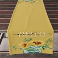 Linen table runner with sunflower print and Hello Sunshine text on dark wood - Hello Sunflower Style (ZQ11-5)