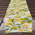 Linen table runner featuring vibrant yellow lemon prints on a rustic wooden surface - Lemon Fresh White Base Style (ZQ11-6)