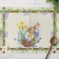 Oster-Tischset mit Hasenmotiv, Eiern und Blumenmuster auf Leinen für Feiertage - Baumwoll-Leinen / Realistischer Hase Eier Blumen Muster (CD16-11)