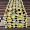 Linen table runner with yellow lemon print over black and white checkered pattern fabric - Lemon Full Plaid Base Style (ZQ11-7)
