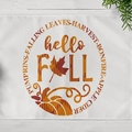 Linen placemat with 'hello FALL' text and pumpkin harvest pattern on wood background - Hello Fall Typography (CD12-34)