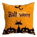 Orange Halloween pillowcase featuring black cat, pumpkins, and Happy Halloween text print - 45x45cm / Orange Pumpkin Black Cat (DRD295-7)