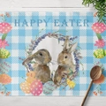 Oster-Tischset mit blauem Karomuster, Aquarell-Hase und dekorativem Blumenkranz - Baumwoll-Leinen / Hellblau Karo Aquarell Hase (CD16-12)