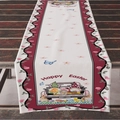 Easter table runner featuring Happy Easter text, gnomes, and eggs on white and dark red - Dark Red Border Happy Easter Gnome Style (ZQ10-11)
