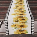 Linen table runner featuring sunflower prints and black-and-white buffalo plaid borders - Sunflower Row Plaid Border Style (ZQ11-8)