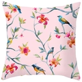 Detail of peach skin pillowcase with watercolor floral and bird prints on pink background - 18x18 Inch / Lily Perched Bird (DRD368-15)