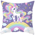 Close-up of cute white unicorn with rainbow mane and starry night sky on pillowcase - Purple Starry Rainbow Unicorn (DRD367-13)