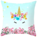 Macro detail of cartoon unicorn print on soft peach skin fabric square pillowcase - Light Blue Golden Horn Unicorn (DRD367-12)