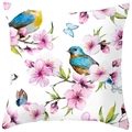 Detailed view of peach skin fabric pillowcase featuring watercolor birds and cherry blossoms - 18x18 Inch / Blue Bird Sakura (DRD368-14)