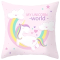 Close-up of pink peach skin pillowcase with a cute white unicorn and rainbow print - Pink Macaron Cute Unicorn (DRD367-10)