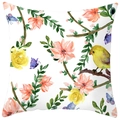 Close-up of floral pillowcase featuring watercolor birds, blossoms, and peach skin texture - 18x18 Inch / Yellow Flower Bird (DRD368-12)