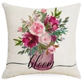 Pink floral spring wreath cushion cover with bicycle and bloom text on linen fabric - 45cmx45cm