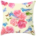 Close-up of peach skin pillowcase featuring watercolor pink flowers and blue birds - 18x18 Inch / Watercolor Blue Bird (DRD368-11)