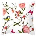 Detailed view of floral peach skin pillowcase with birds, pink peonies and butterfly - 18x18 Inch / Red Plum Bird (DRD368-10)