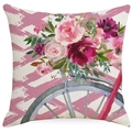 Pink watercolor floral bicycle pillow cover with spring flowers on beige fabric - 45cmx45cm / Bicycle Basket Floral Style (YMD298-2)