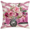 Pink vintage truck with floral bouquet print on square canvas throw pillow cover - 45cmx45cm / Vintage Pickup Truck Floral Style (YMD298-3)