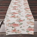 Linen table runner with pink roses and green leaves on a dark wooden table surface - Hand-painted Pink Rose Style (ZQ12-10)