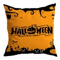 Square peach skin pillow case with orange Halloween print featuring Happy Halloween text - 45x45cm / Orange Background Pumpkin Silhouette (DRD295-13)