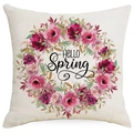 Linen square pillowcase with HELLO Spring watercolor flower wreath design - 45cmx45cm / Hello Spring Wreath Style (YMD298-4)