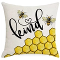 Bienen-Kissenhülle aus Leinen mit Kind-Schriftzug und Wabenmuster auf weißem Grund - Freundliche Biene Bienenwabe (YMD300-3) / 45x45cm