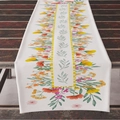 Linen table runner with floral print and yellow plaid border on dark wooden table - Colorful Wildflower Yellow Border Style (ZQ12-1)