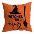 Halloween orange pillow cover with witches be crazy text and seasonal spider patterns - 45x45cm / Orange Background Wizard Hat Broom (DRD295-17)