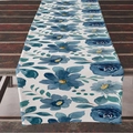 Blue watercolor floral linen table runner with roses on a rustic dark wood surface - Blue Watercolor Floral Style (ZQ12-4)