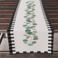 Linen table runner with green eucalyptus leaf print and black white checkered borders - Eucalyptus Gingham Style (ZQ12-5)