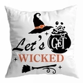 White peach skin Halloween pillowcase featuring Let's GET WICKED text and witch icons - 45x45cm / White Background Cauldron Broom (DRD295-19)