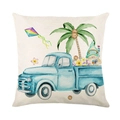 Linnen kussensloop met vintage blauwe truck en strandkabouter op witte achtergrond - 45x45 cm / Kabouter Duiker Met Blauwe Pickup Truck (YMD304-1)