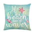 Linnen kussenhoes met blauwe zeesterprint en Life is a Beach typografie kunstwerk - 45x45 cm / Enjoy The Waves Tekst Met Zeester (YMD304-2)