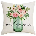 Federa per cuscino in lino con rose acquerellate e testo welcome per il divano - 45x45 cm / Motivo Vaso di Fiori Welcome (YMD311-4)