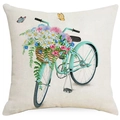 Linen pillowcase with vintage mint bike and colorful spring floral watercolor pattern - 45x45cm / Mint Green Vintage Bicycle with Flowers (YMD310-1)
