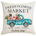 Linen pillow cover with watercolor blue truck and pink floral fresh flower market print - 45x45cm / Light Blue Vintage Truck with Flowers (YMD310-4)