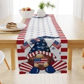 Close-up of linen table runner with American flag gnome print on a wooden dining table - Gnome Holding Flag White Base Stars Stripes (ZQ13-11) / 33x183cm